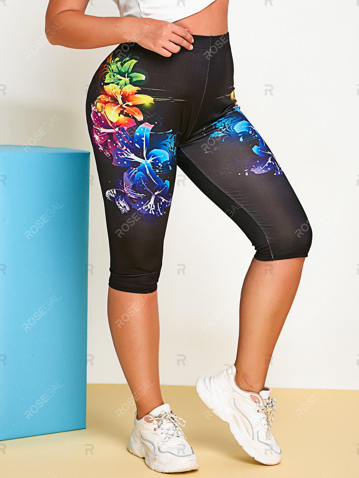 Plus Size Butterfly Flower Print Capri Leggings