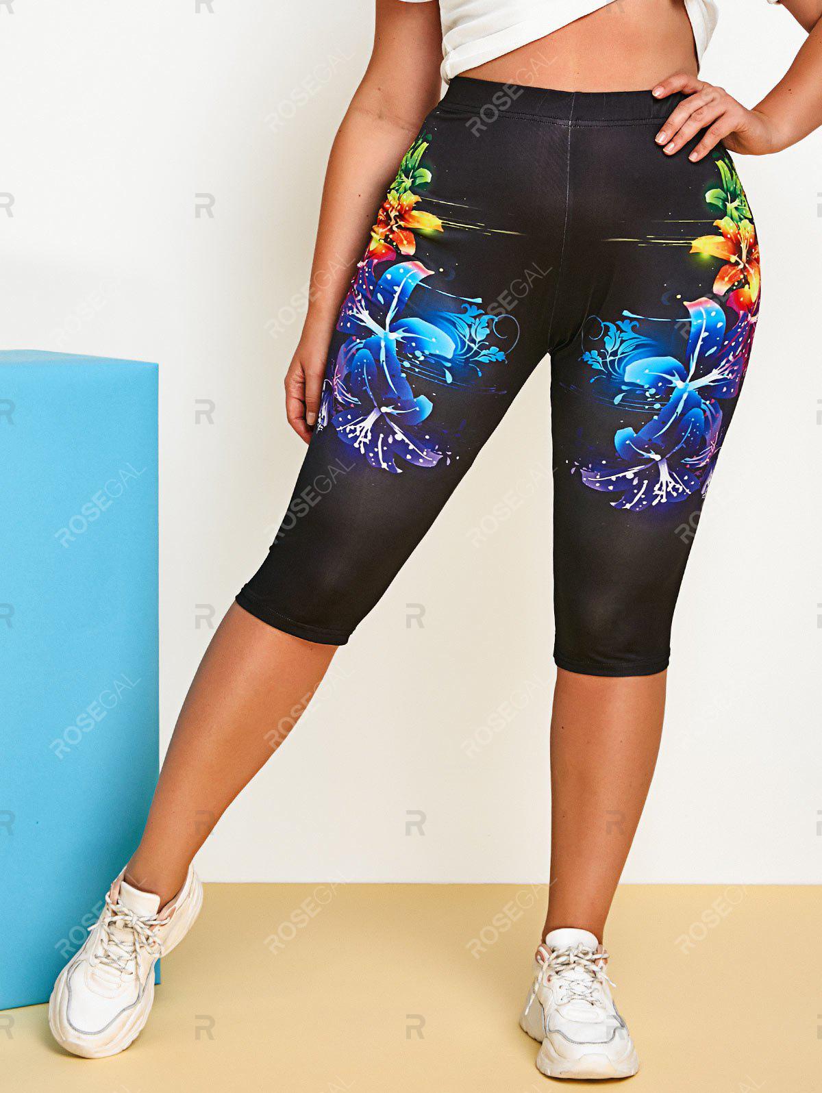 Plus Size Butterfly Flower Print Capri Leggings