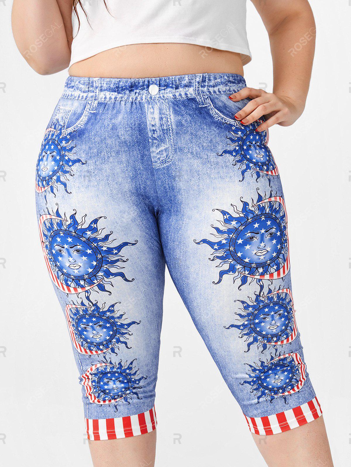 Plus Size American Flag Print Patriotic Capri Jeggings