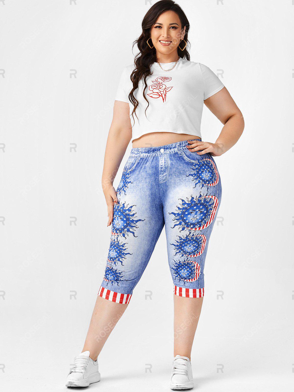 Plus Size American Flag Print Patriotic Capri Jeggings