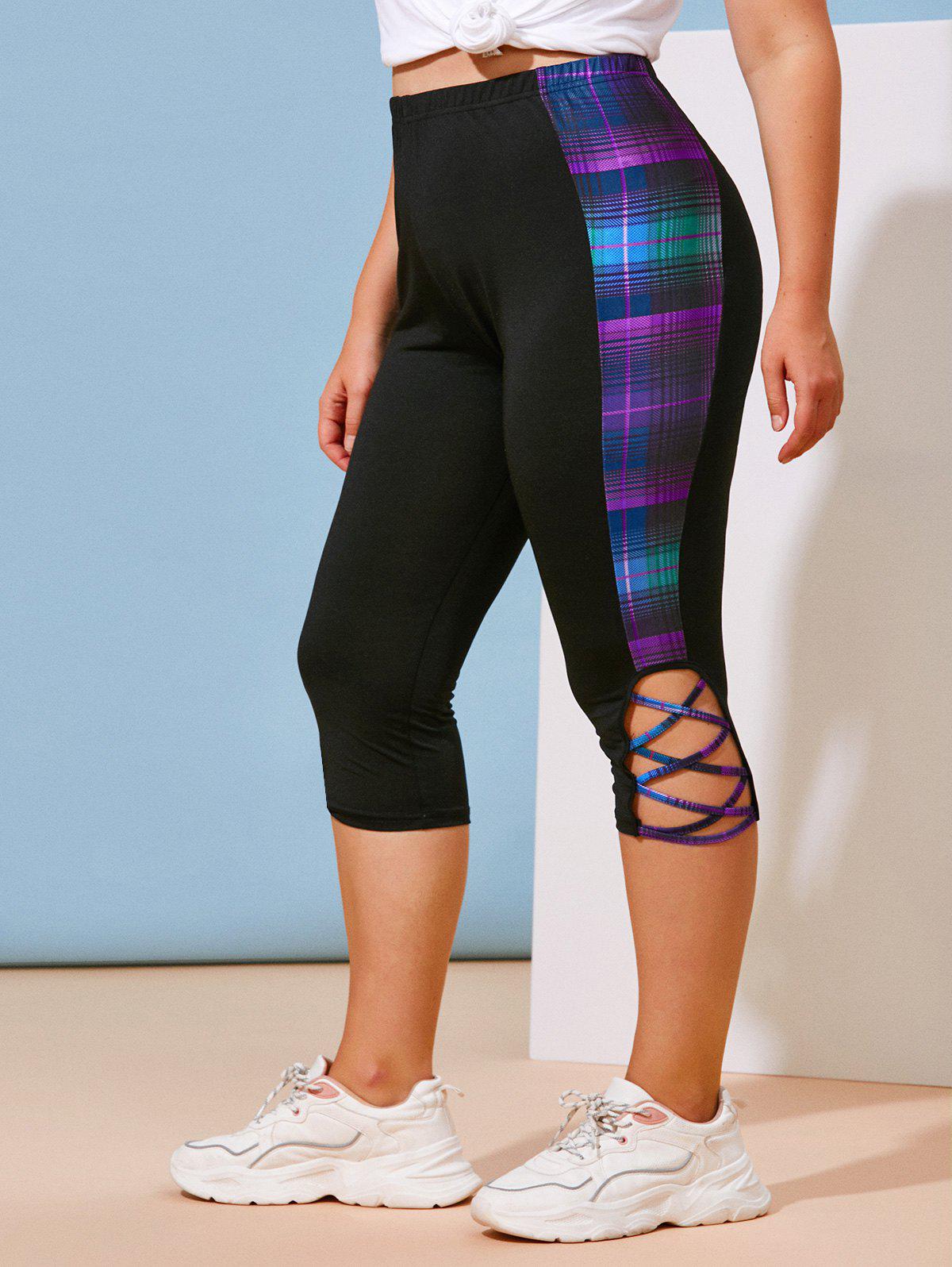 Plus Size Lattice Plaid Side Capri Leggings