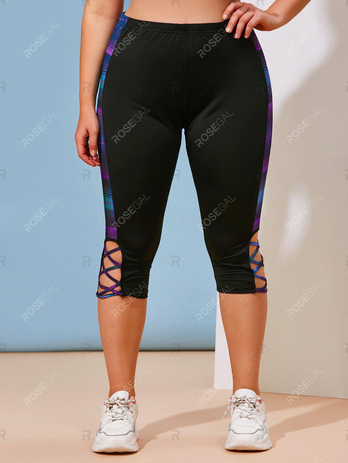 Plus Size Lattice Plaid Side Capri Leggings