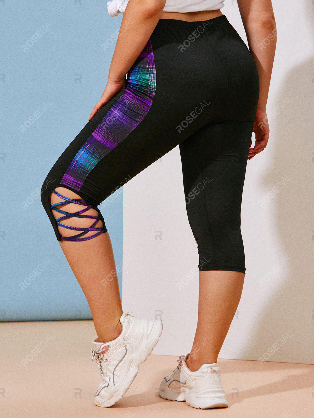 Plus Size Lattice Plaid Side Capri Leggings