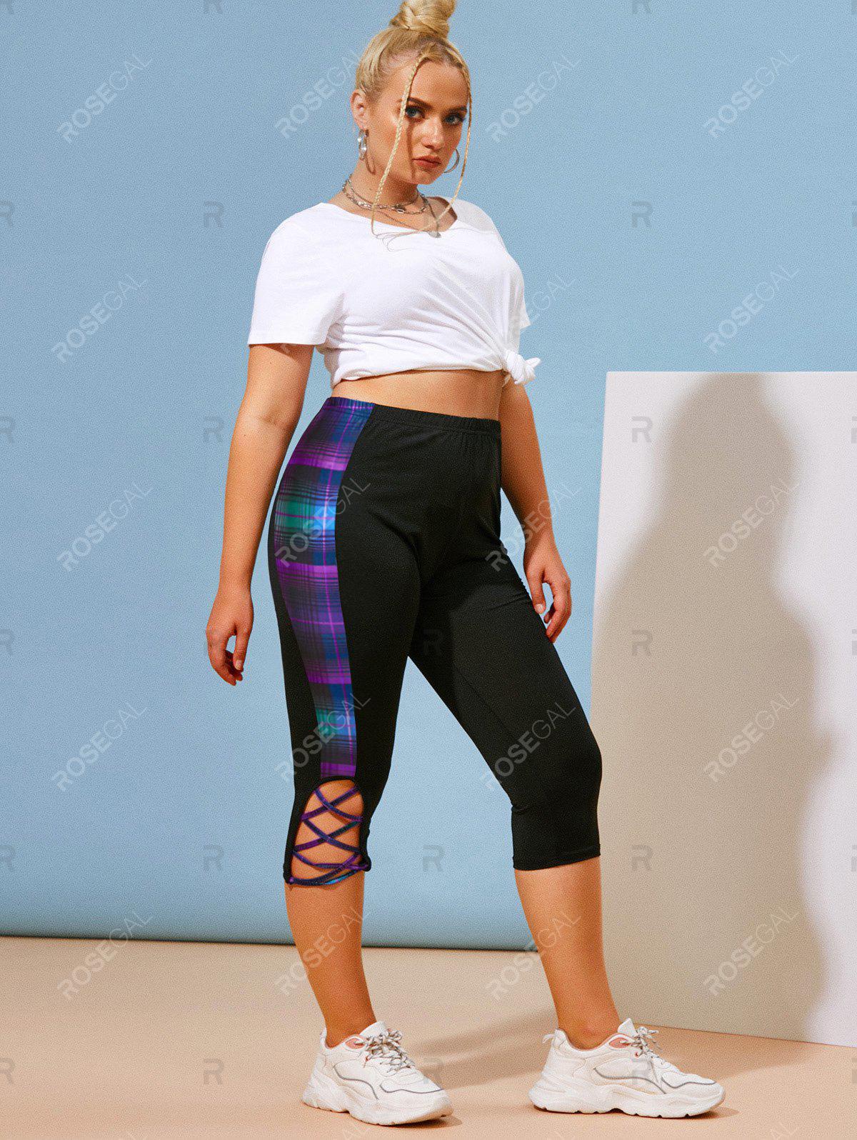 Plus Size Lattice Plaid Side Capri Leggings