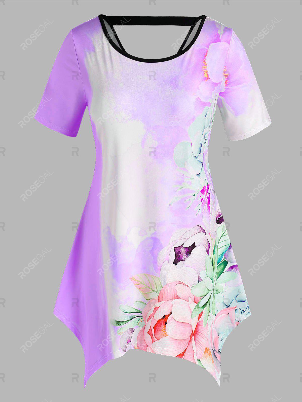 Plus Size Flowers Pattern Handkerchief T Shirt