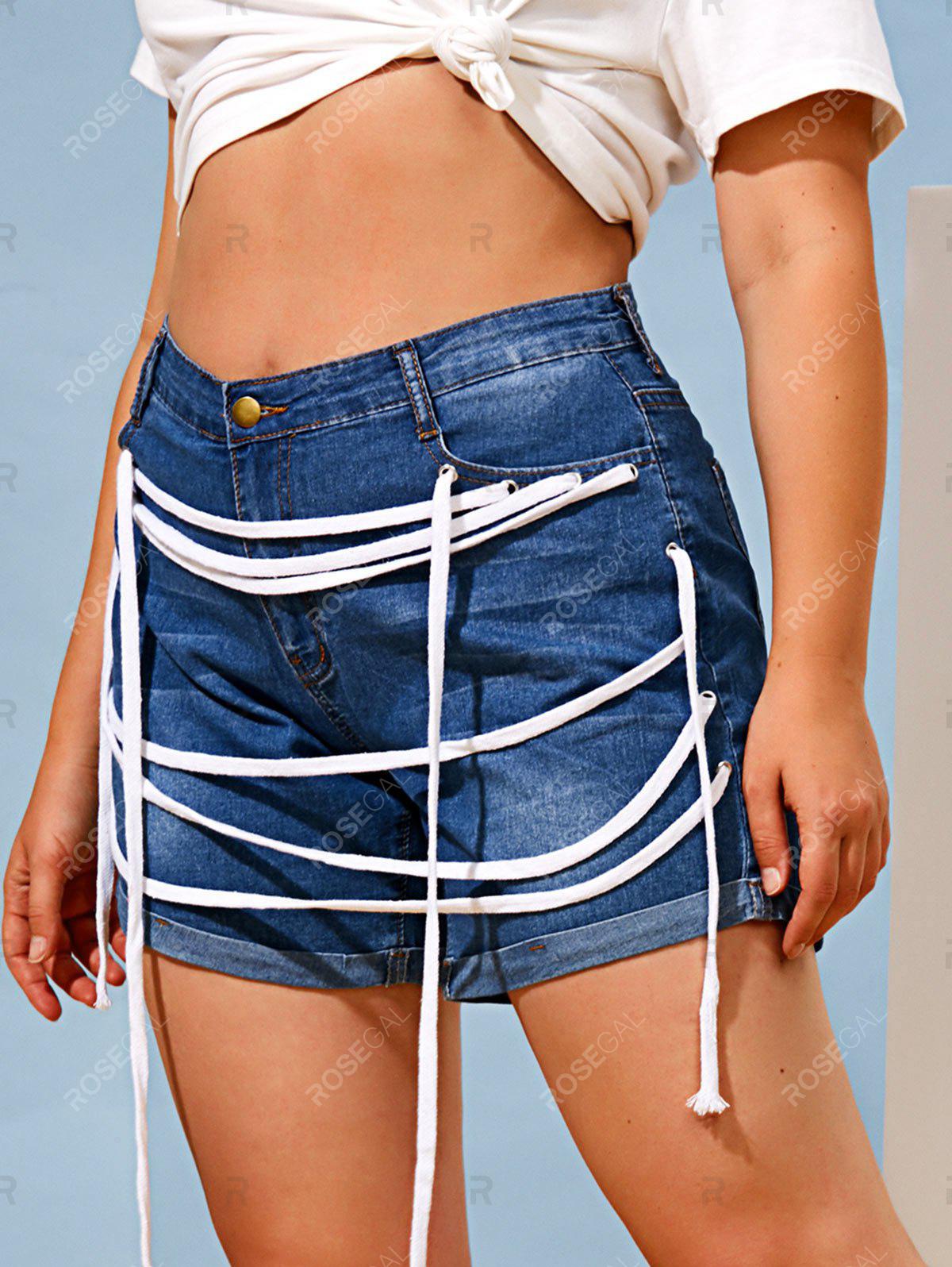 Cuffed Hem Straps Grommet Plus Size Denim Shorts