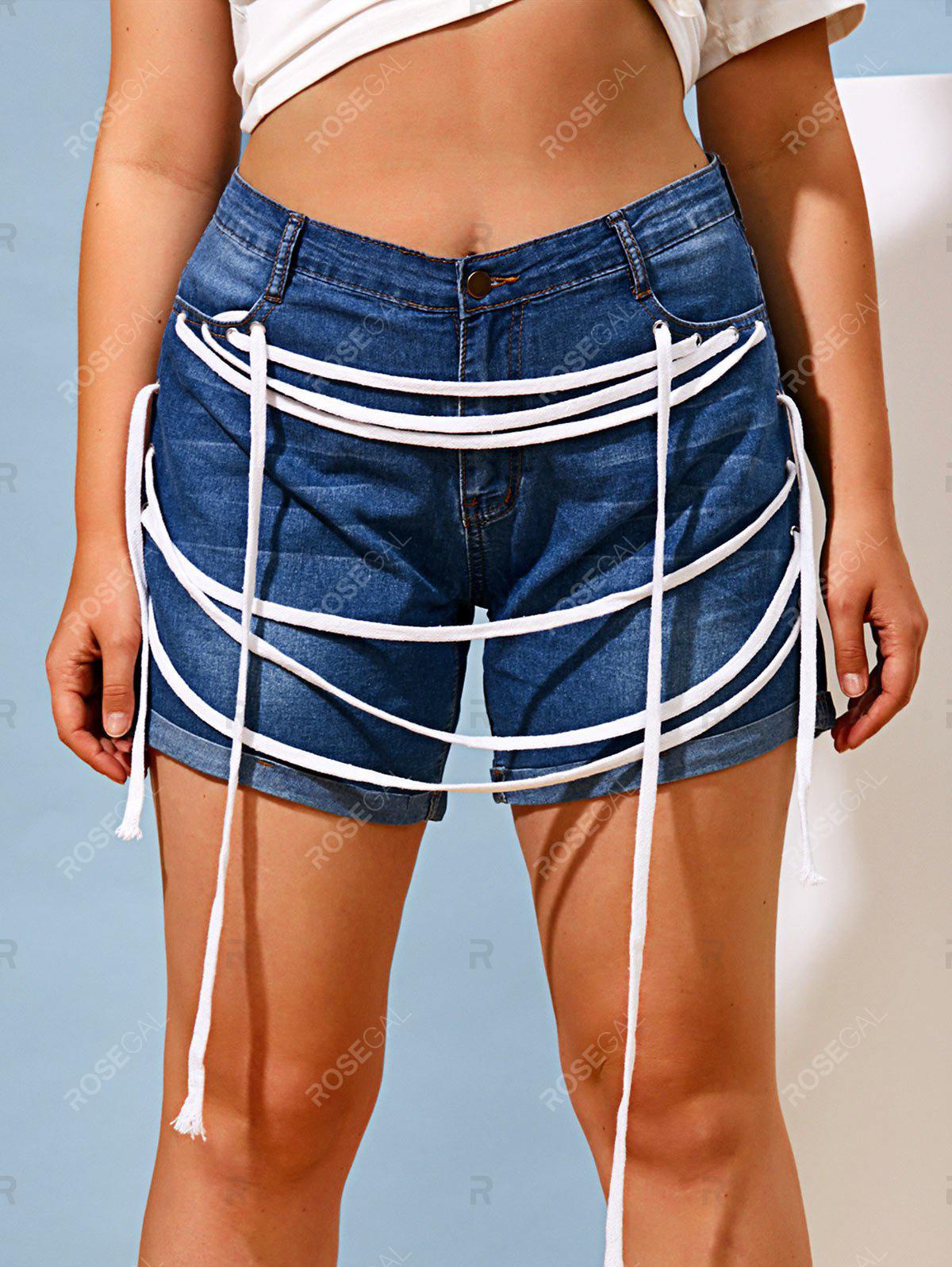 Cuffed Hem Straps Grommet Plus Size Denim Shorts