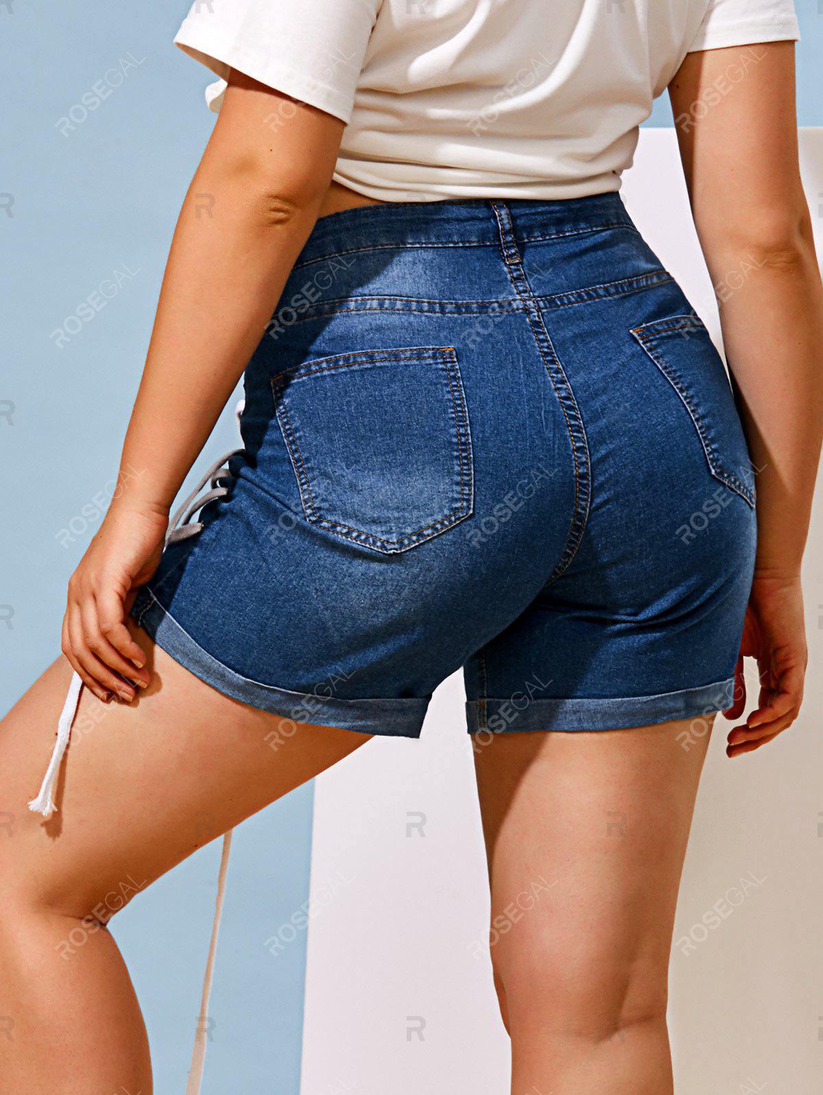 Cuffed Hem Straps Grommet Plus Size Denim Shorts