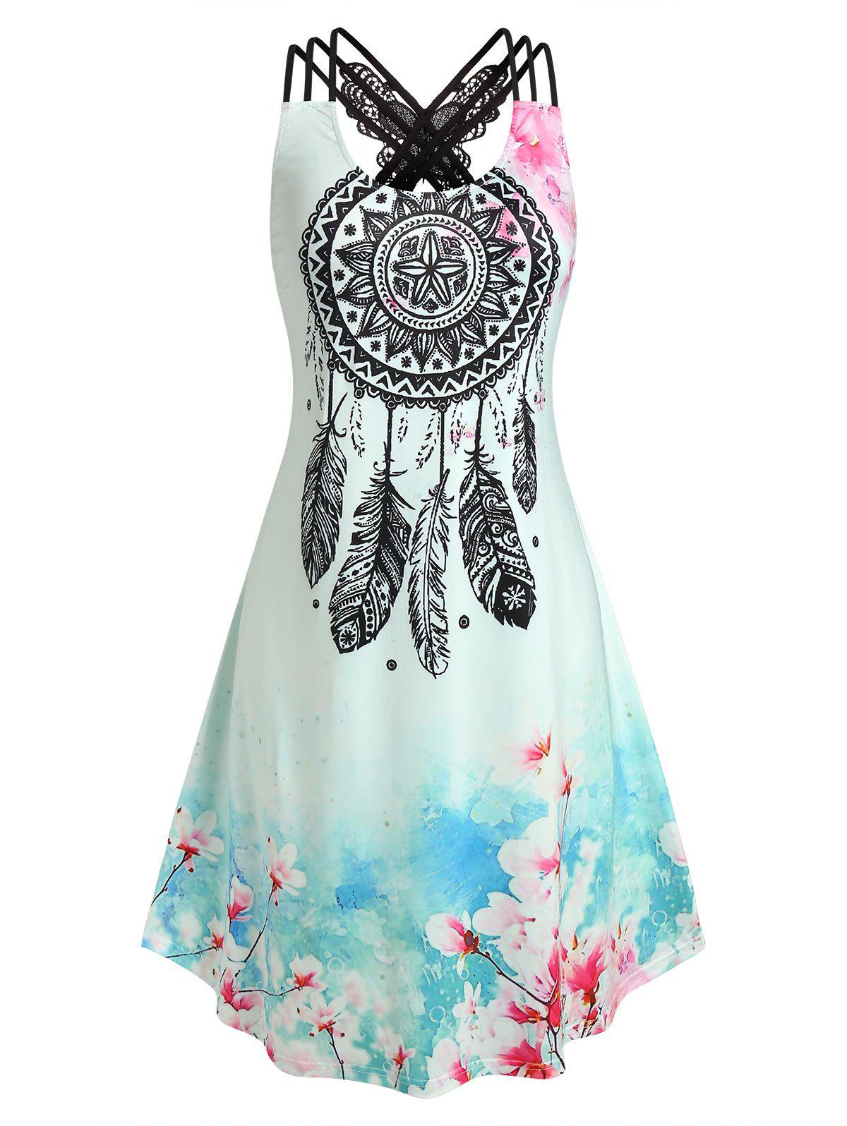 Plus Size Butterfly Lace Floral Dreamcatcher Print Dress