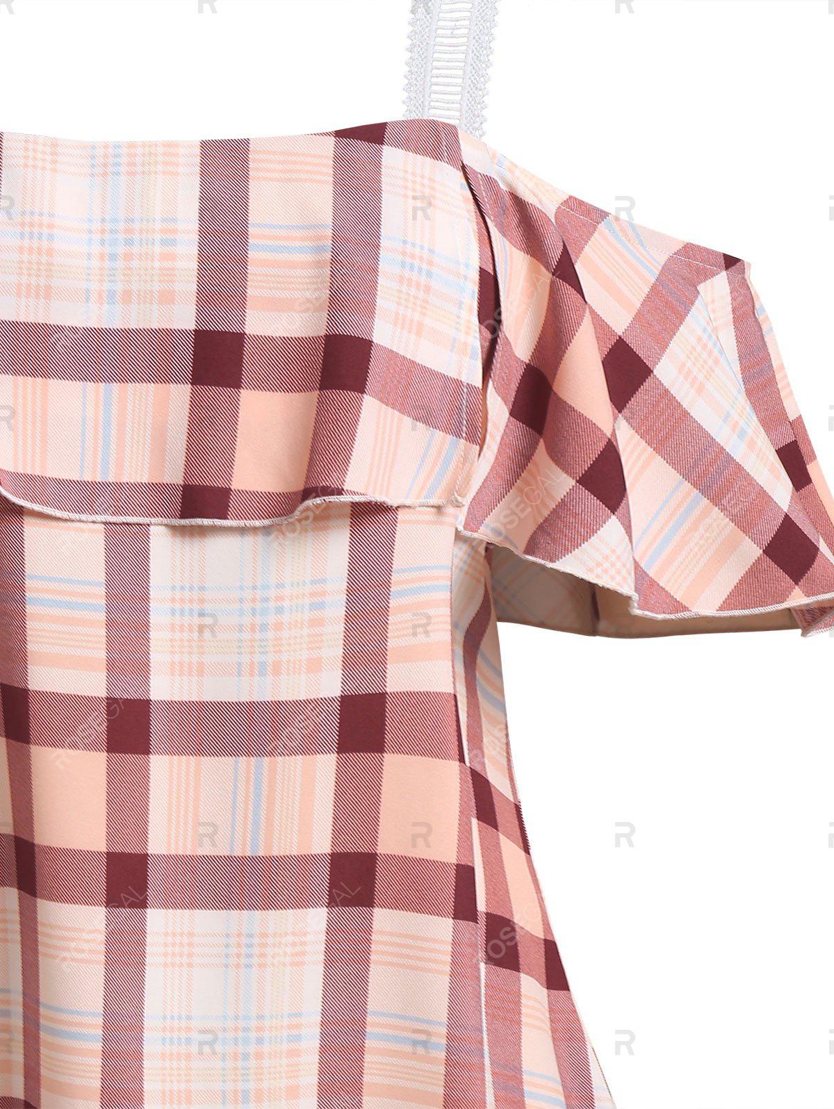 Plus Size Cold Shoulder Checkered Flounce Blouse