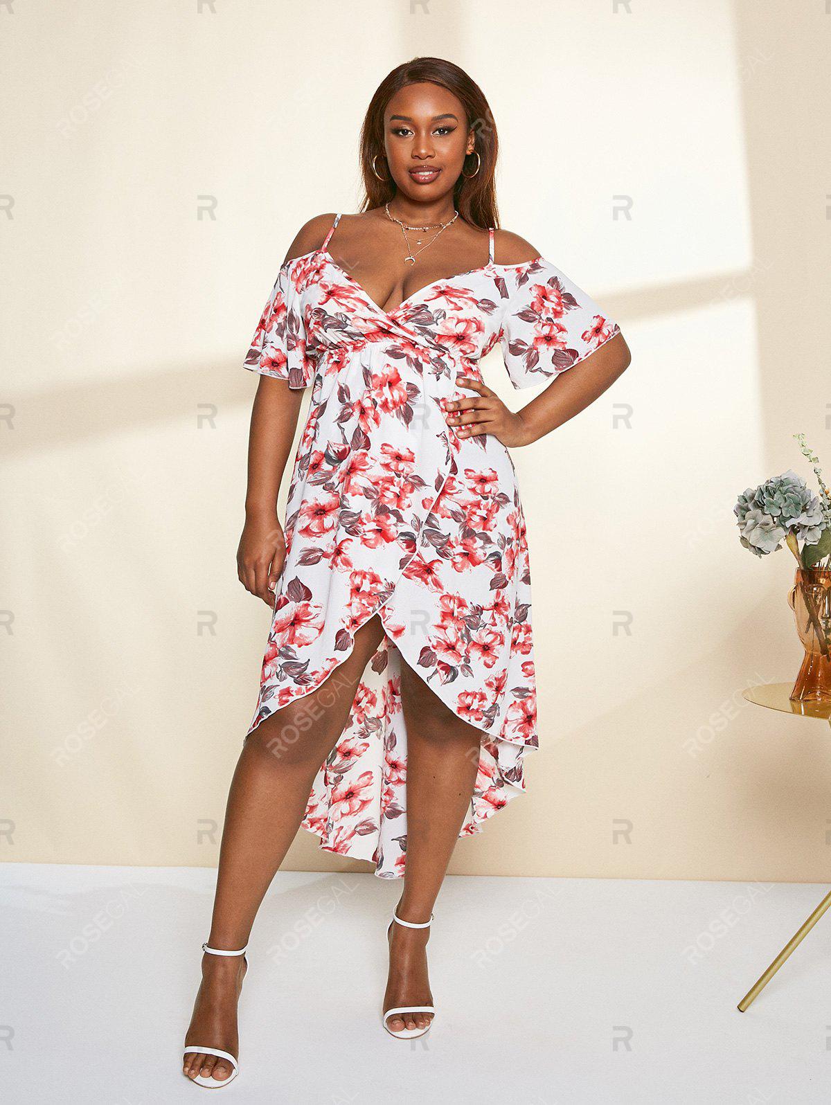 Plus Size Cold Shoulder Floral Print High Low Cottagecore Dress