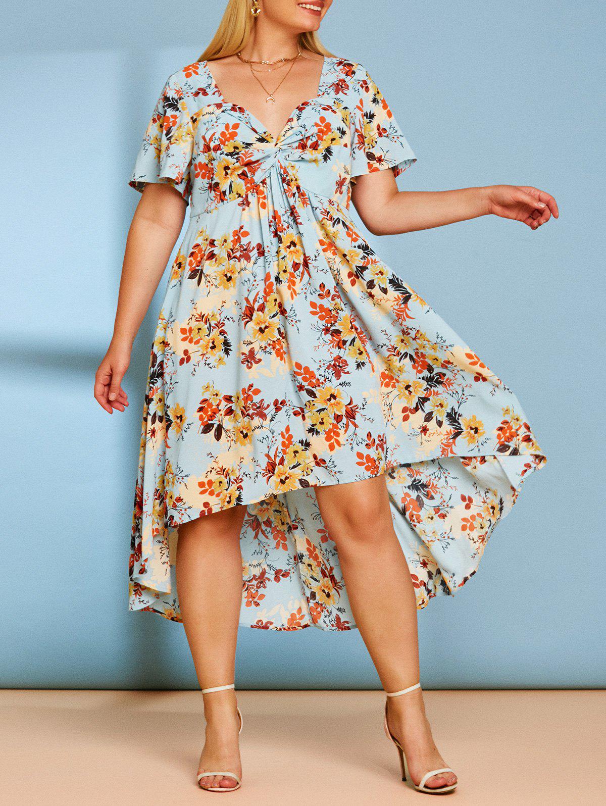 Plus Size Front Twist Floral Print High Low Cottagecore Dress