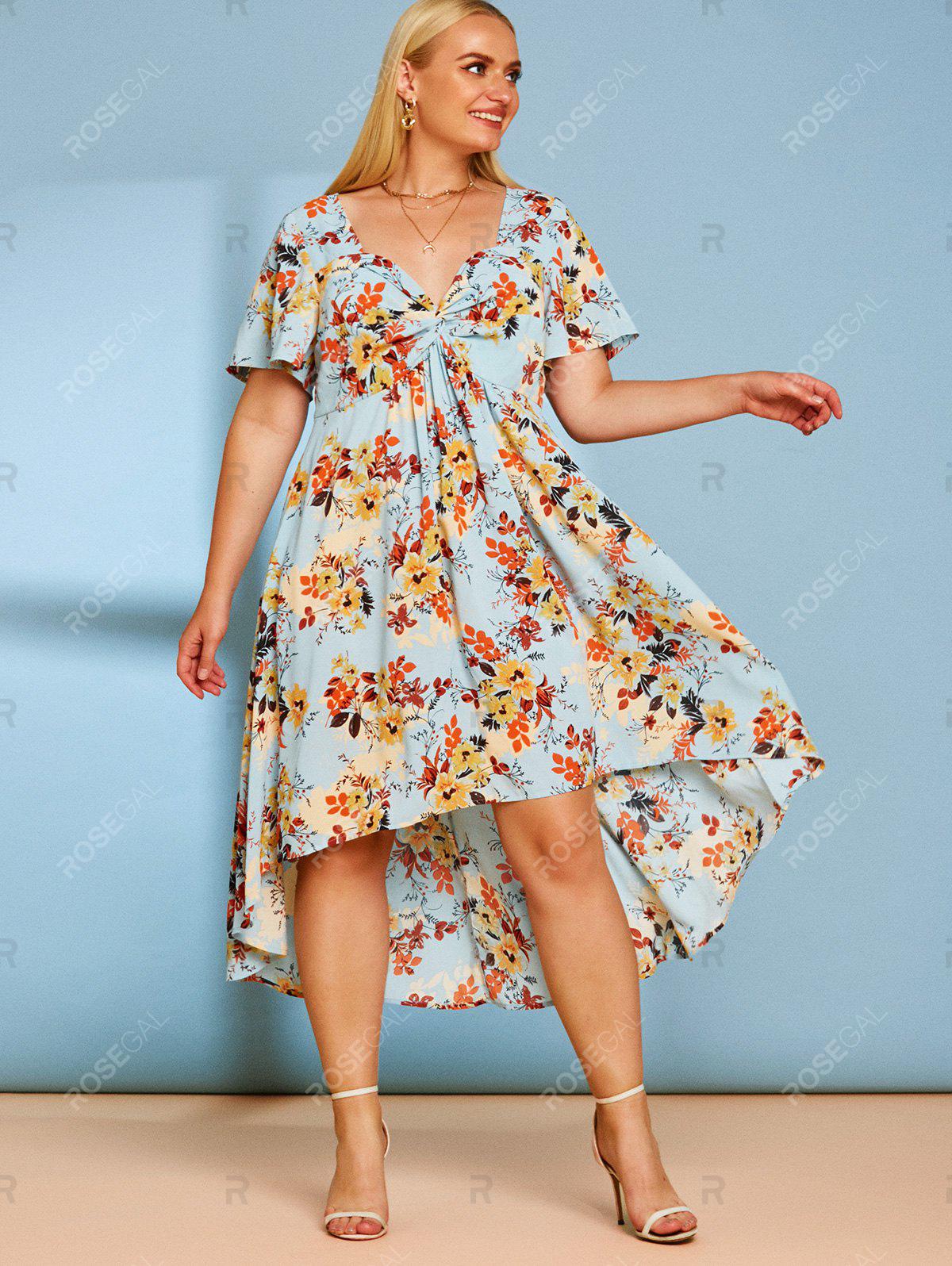 Plus Size Front Twist Floral Print High Low Cottagecore Dress