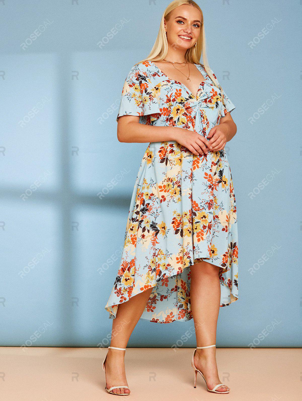 Plus Size Front Twist Floral Print High Low Cottagecore Dress