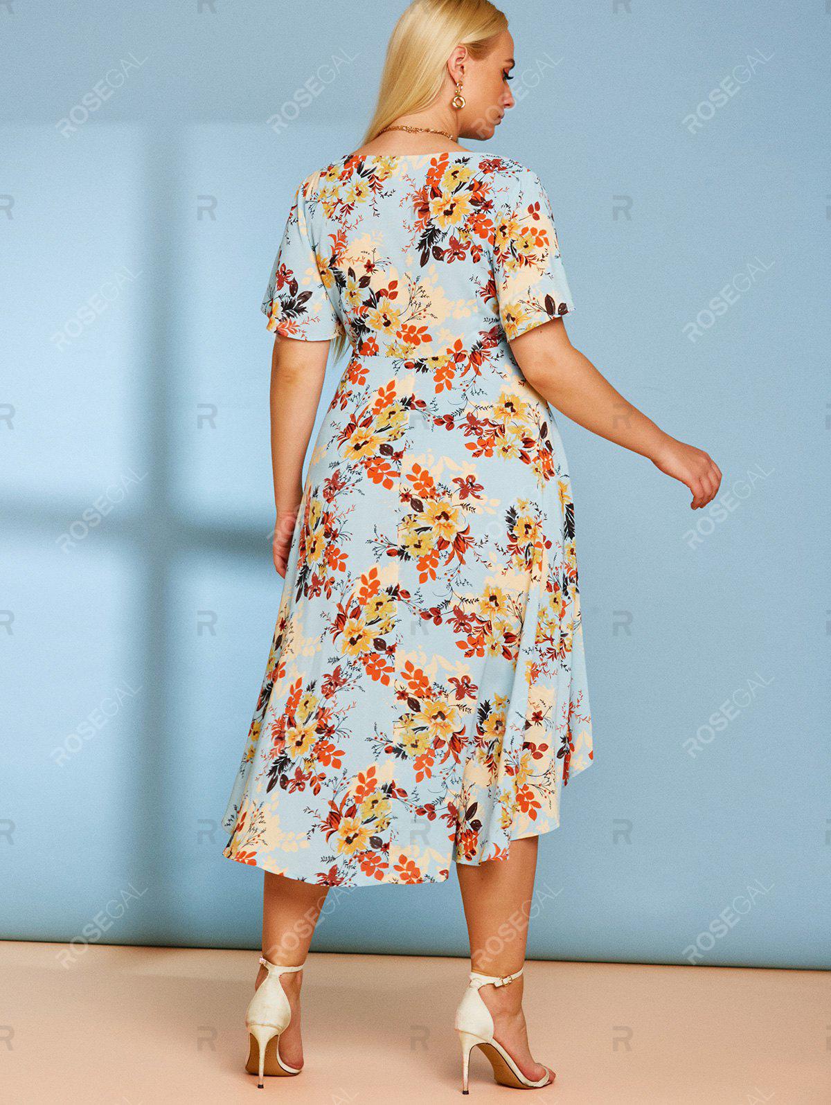 Plus Size Front Twist Floral Print High Low Cottagecore Dress