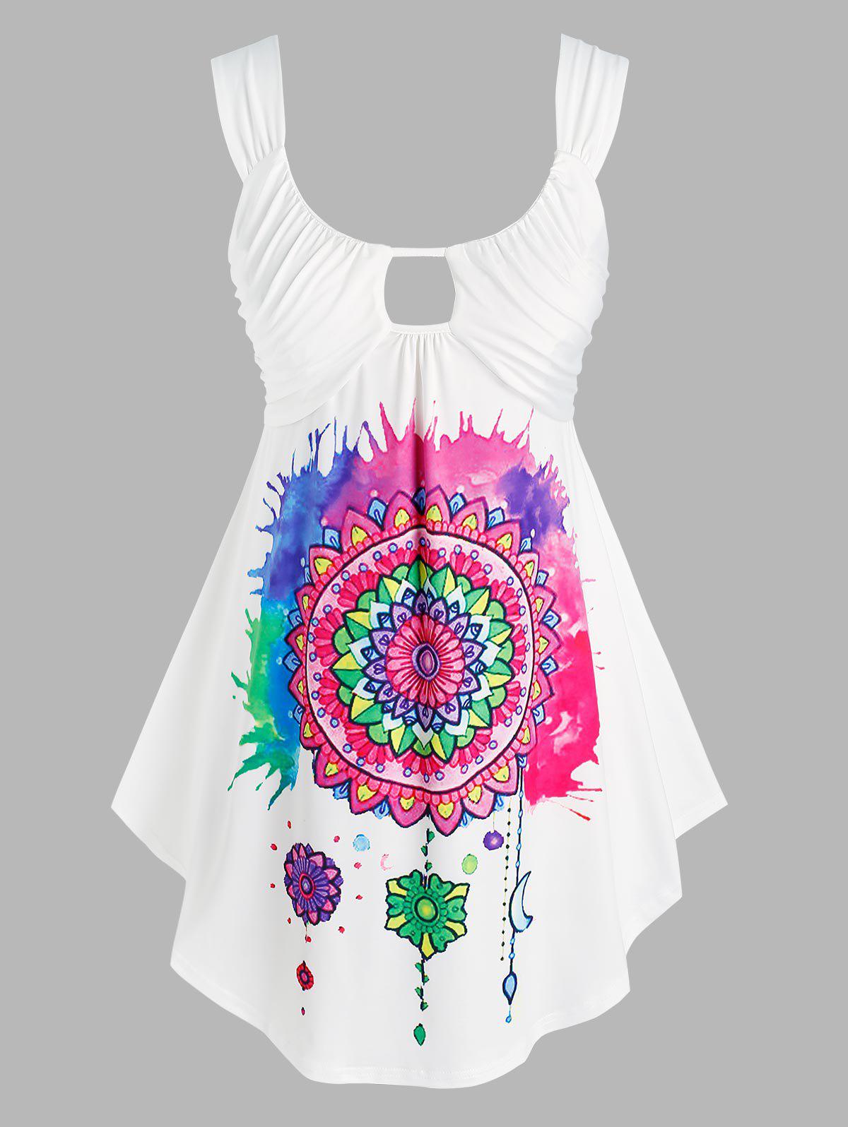 Plus Size Keyhole Ruched Floral Tank Top