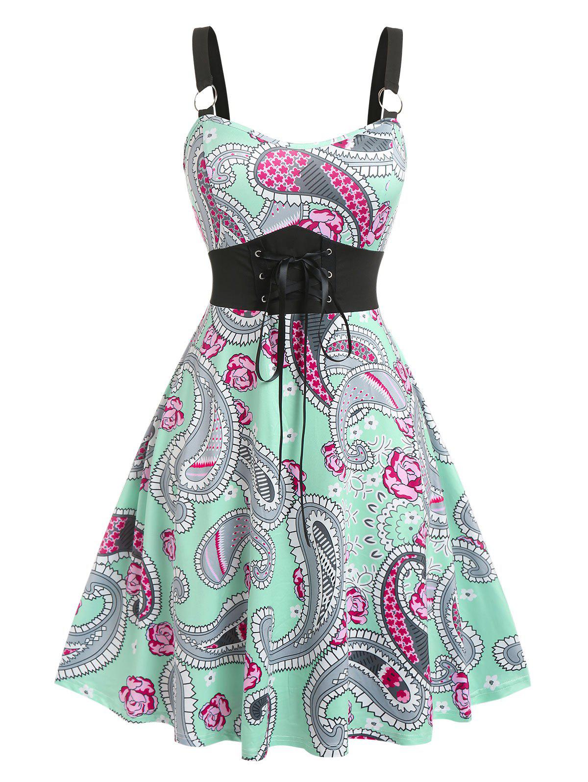 Plus Size Lace Up Paisley Print Fit and Flare 1950s Dress