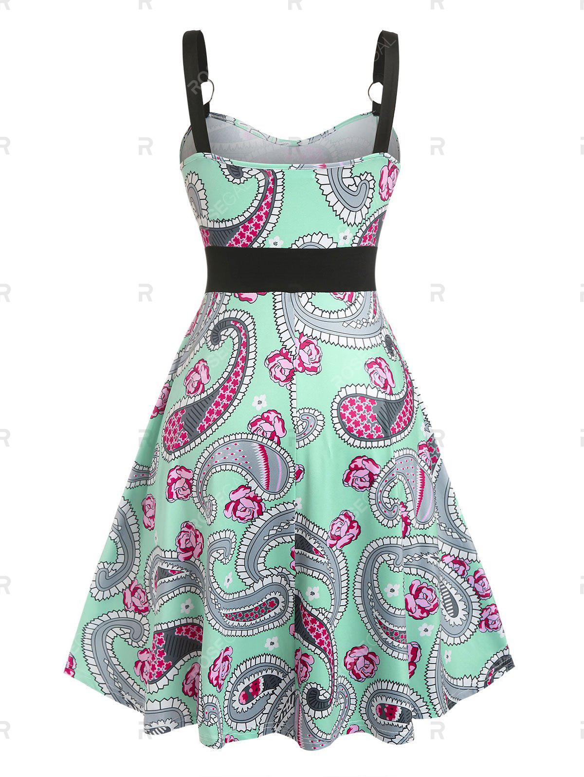 Plus Size Lace Up Paisley Print Fit and Flare 1950s Dress