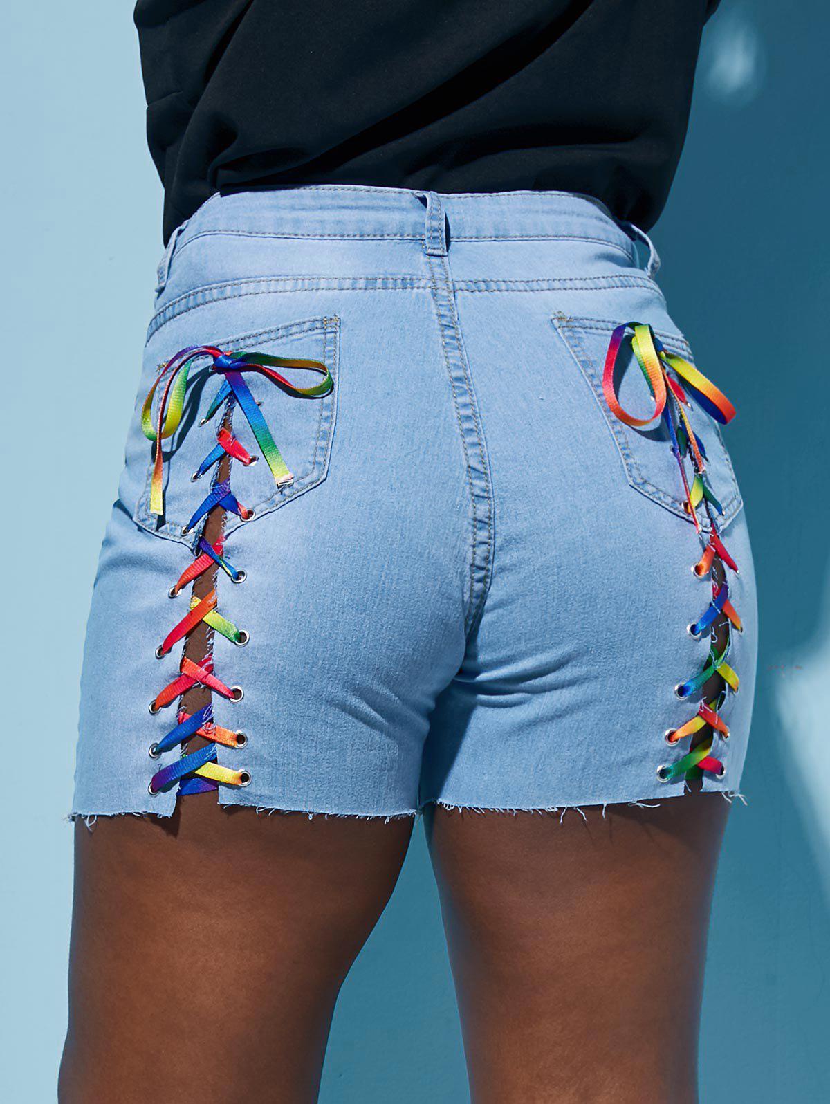 Raw Hem Colorful Lace Up Back Plus Size Denim Shorts