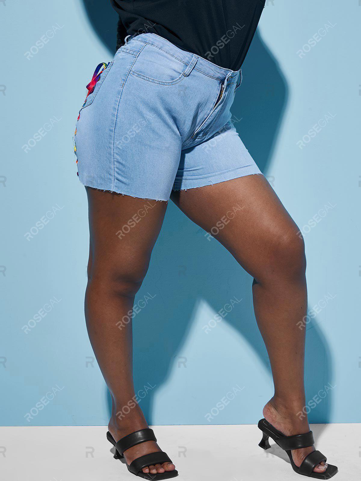 Raw Hem Colorful Lace Up Back Plus Size Denim Shorts