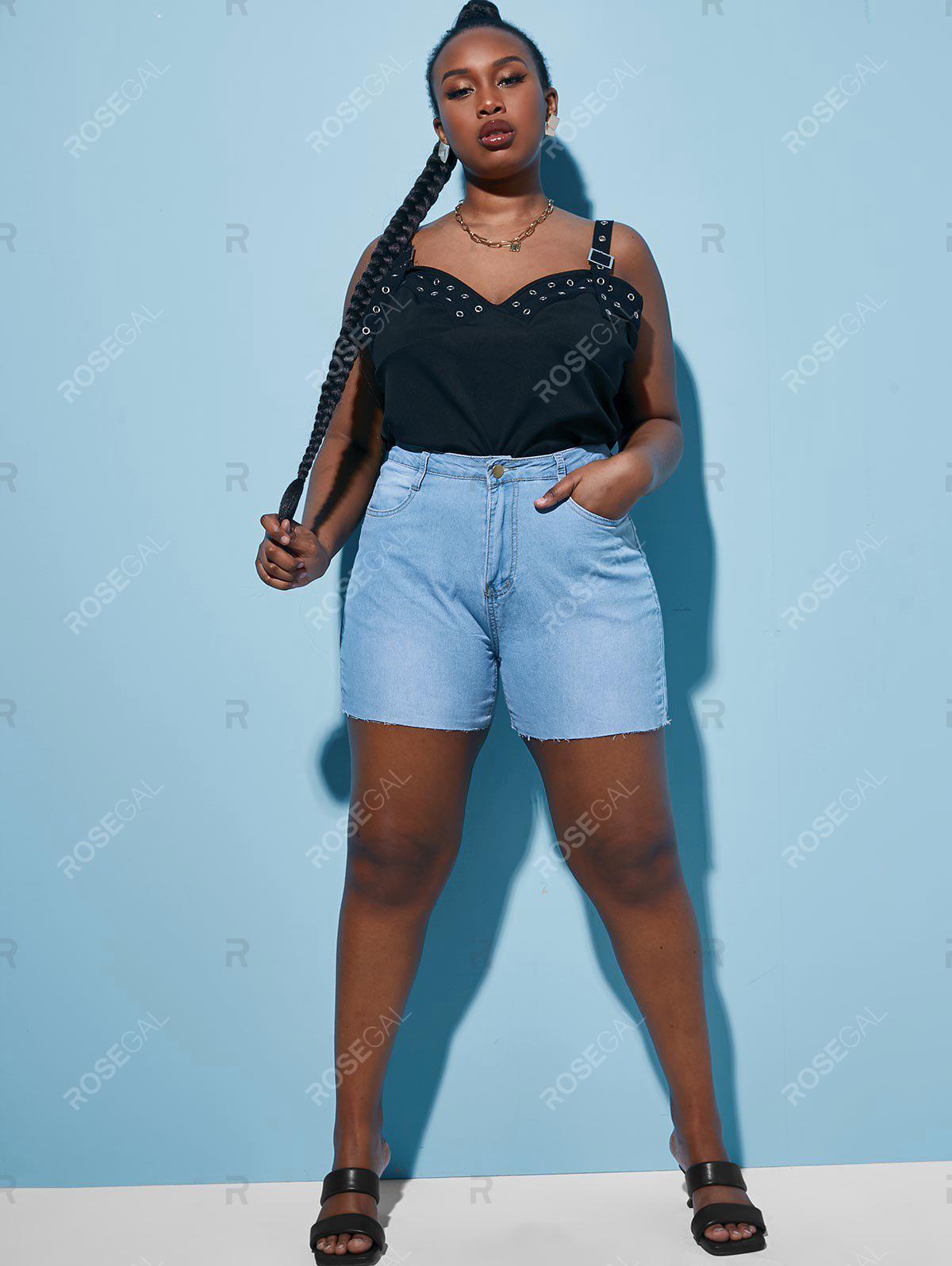 Raw Hem Colorful Lace Up Back Plus Size Denim Shorts