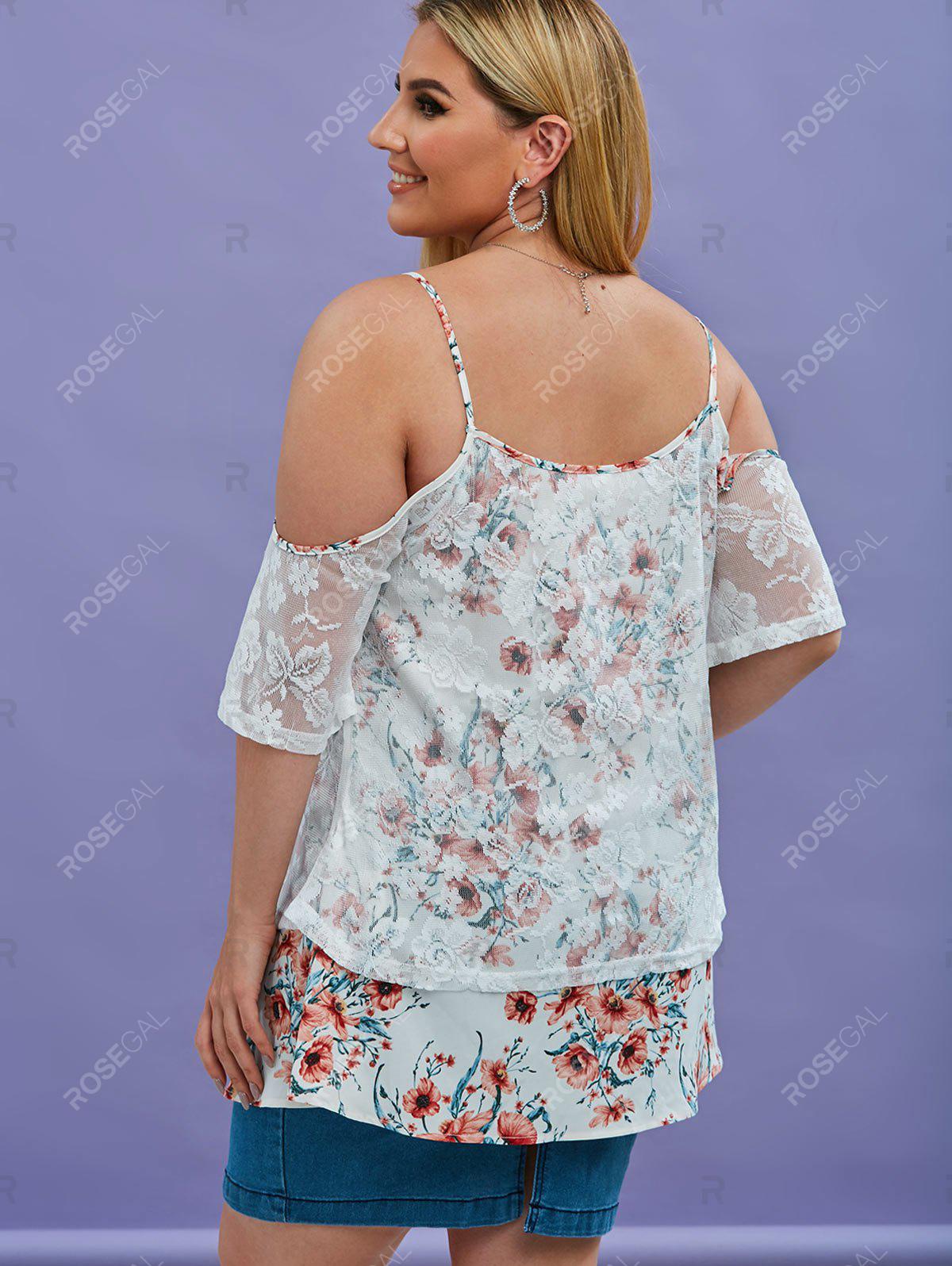 Plus Size Embroidered Lace Overlay Cold Shoulder Floral Blouse