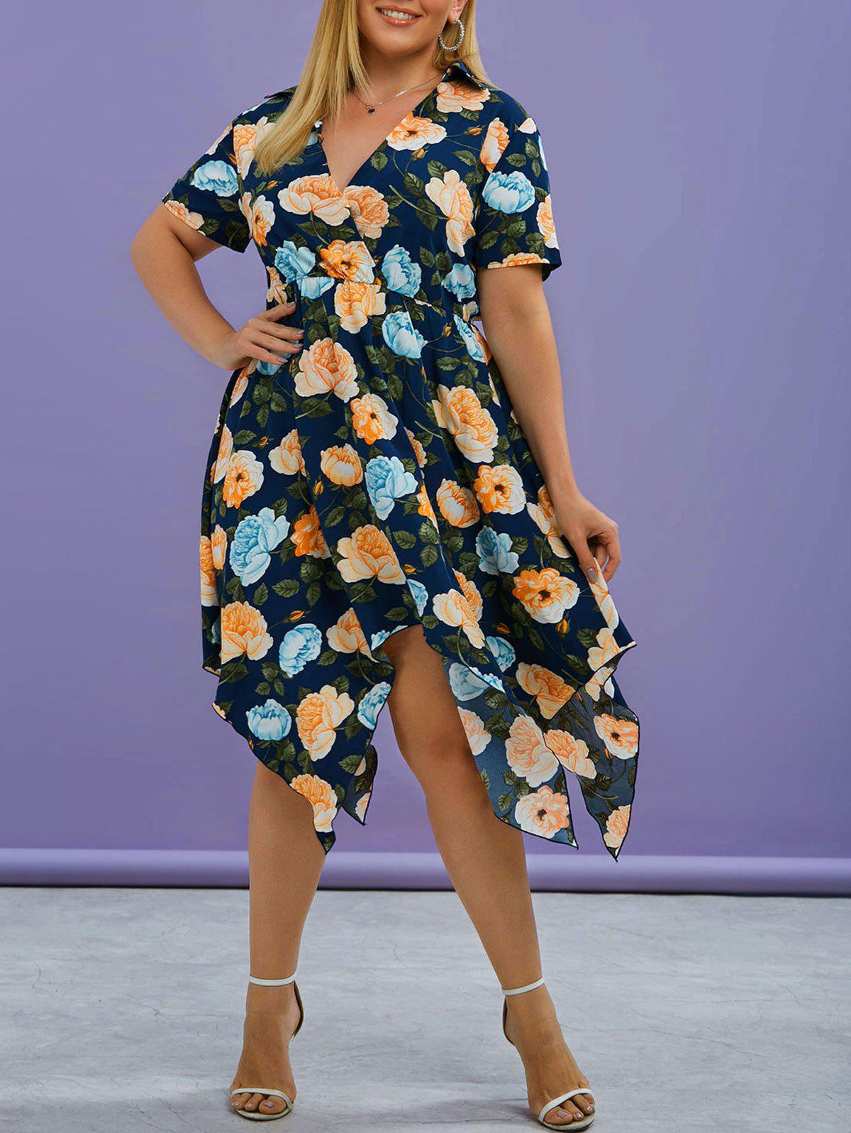 Plus Size Floral Print Handkerchief Midi Cottagecore Dress