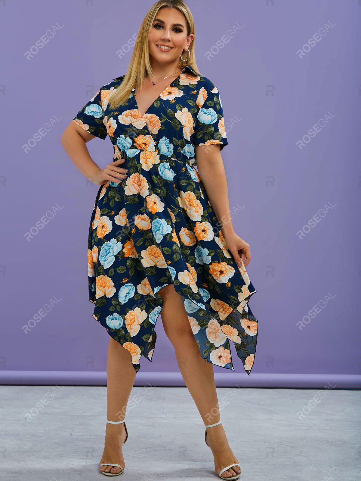 Plus Size Floral Print Handkerchief Midi Cottagecore Dress