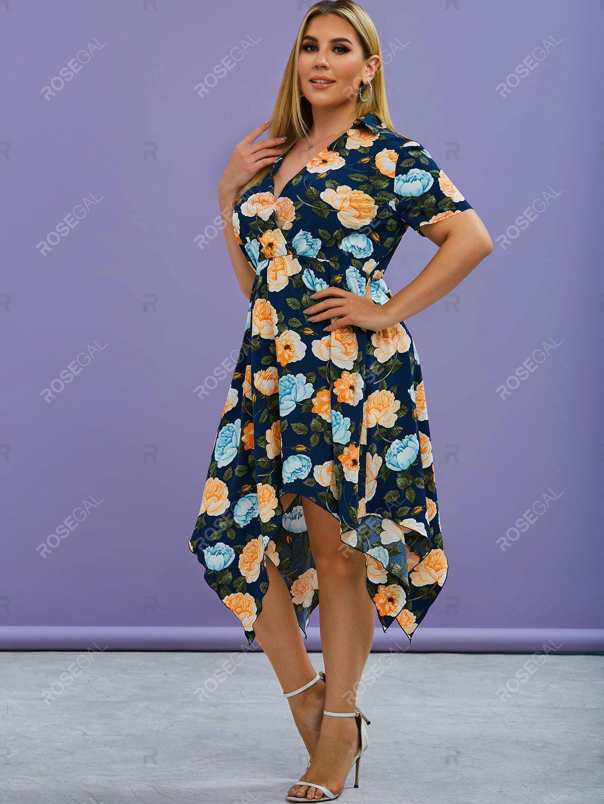 Plus Size Floral Print Handkerchief Midi Cottagecore Dress