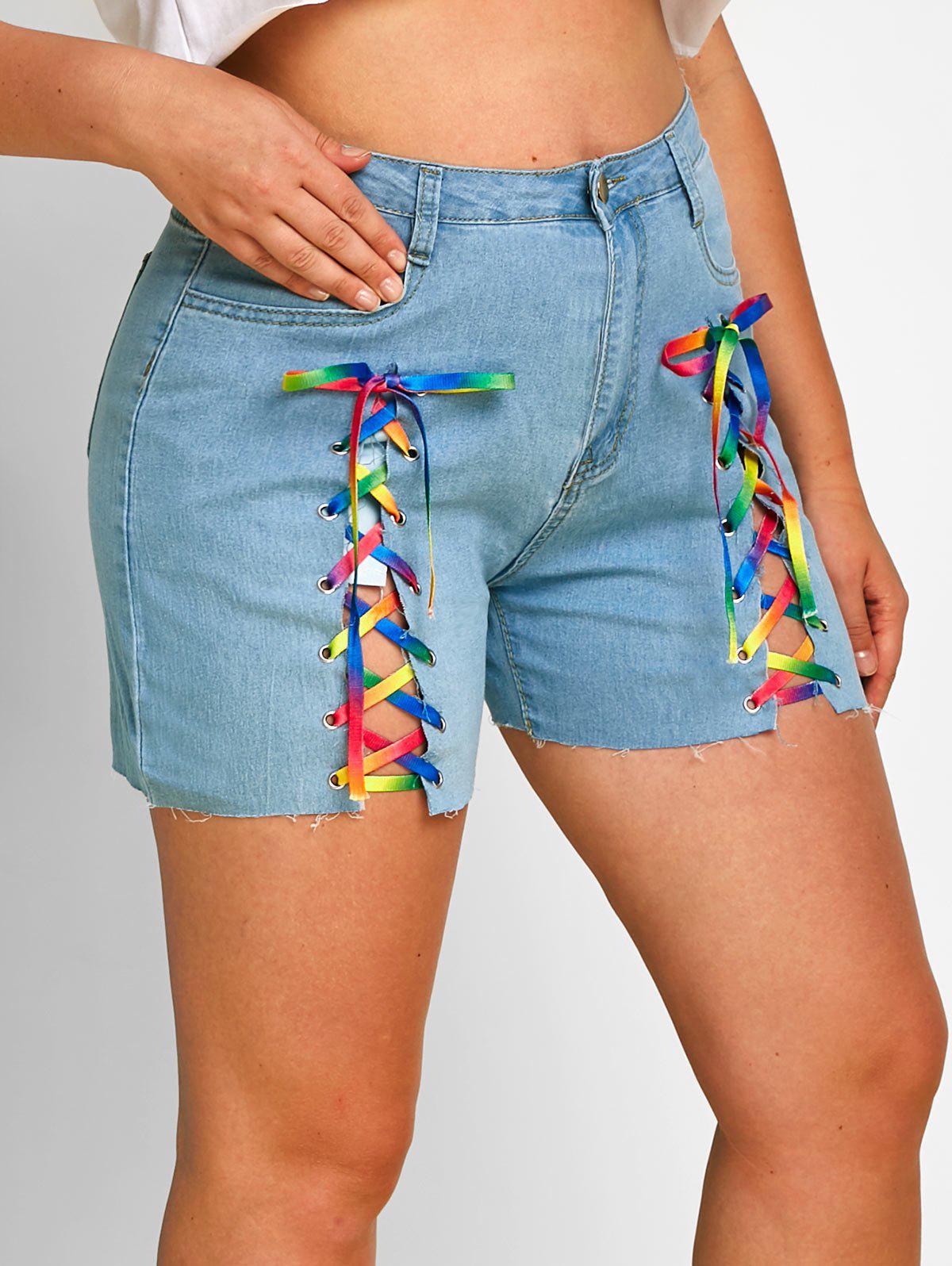 Raw Hem Lace Up Front Plus Size Denim Shorts