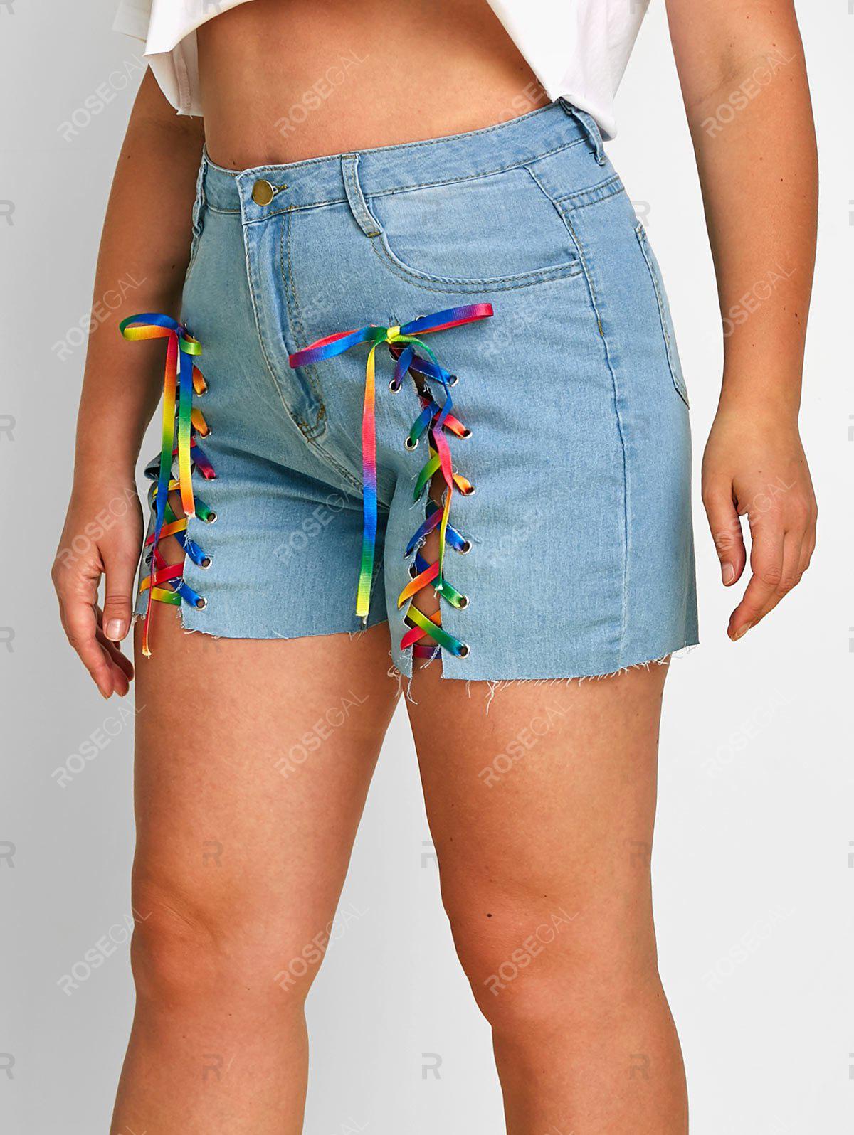 Raw Hem Lace Up Front Plus Size Denim Shorts