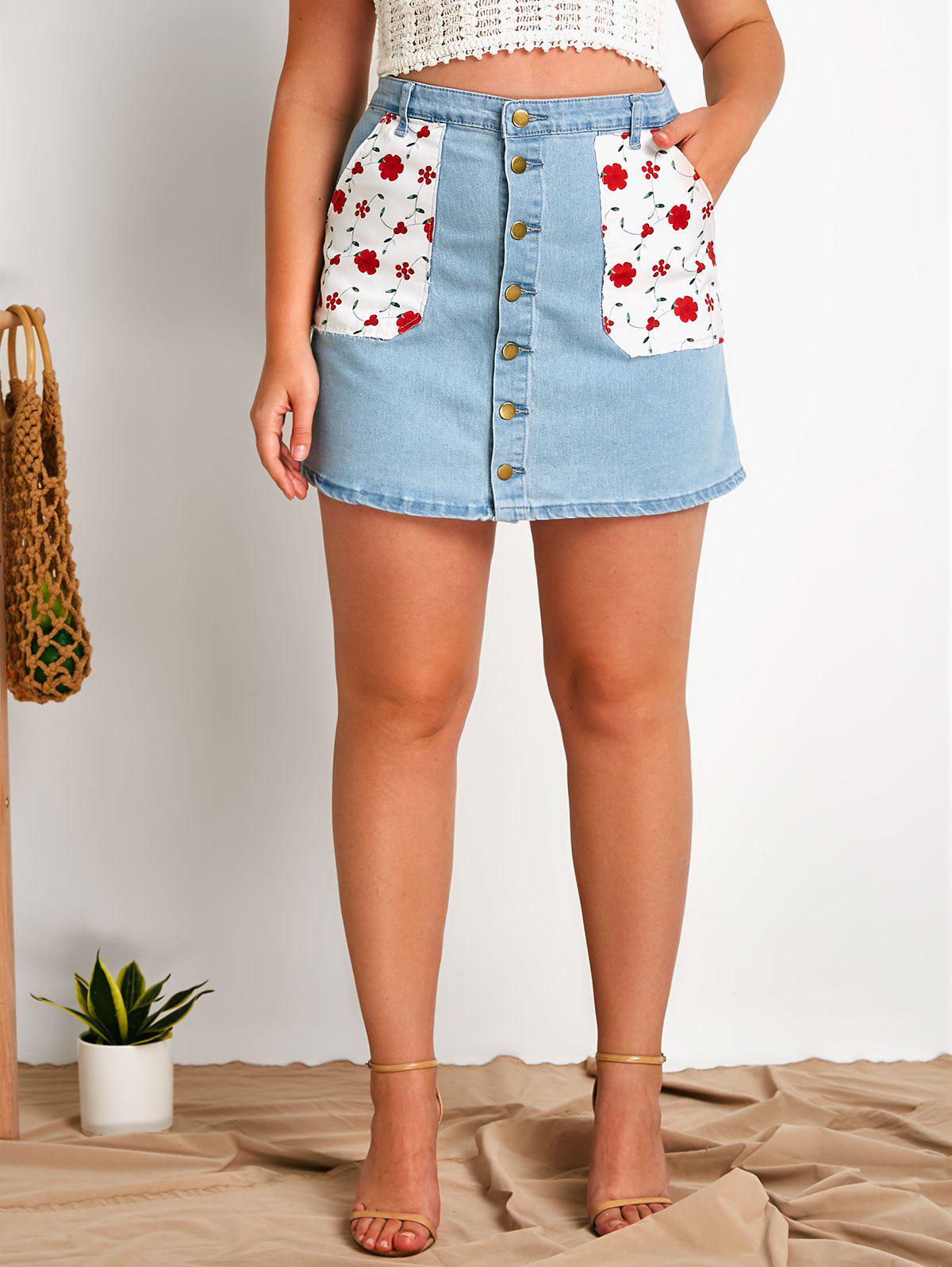 Floral Patched Pockets Plus Size Button Up Denim Skirt