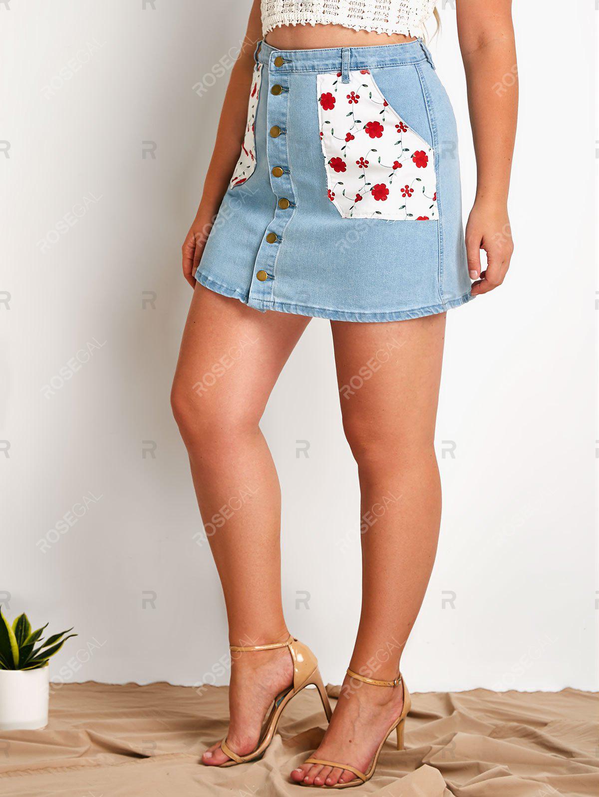 Floral Patched Pockets Plus Size Button Up Denim Skirt