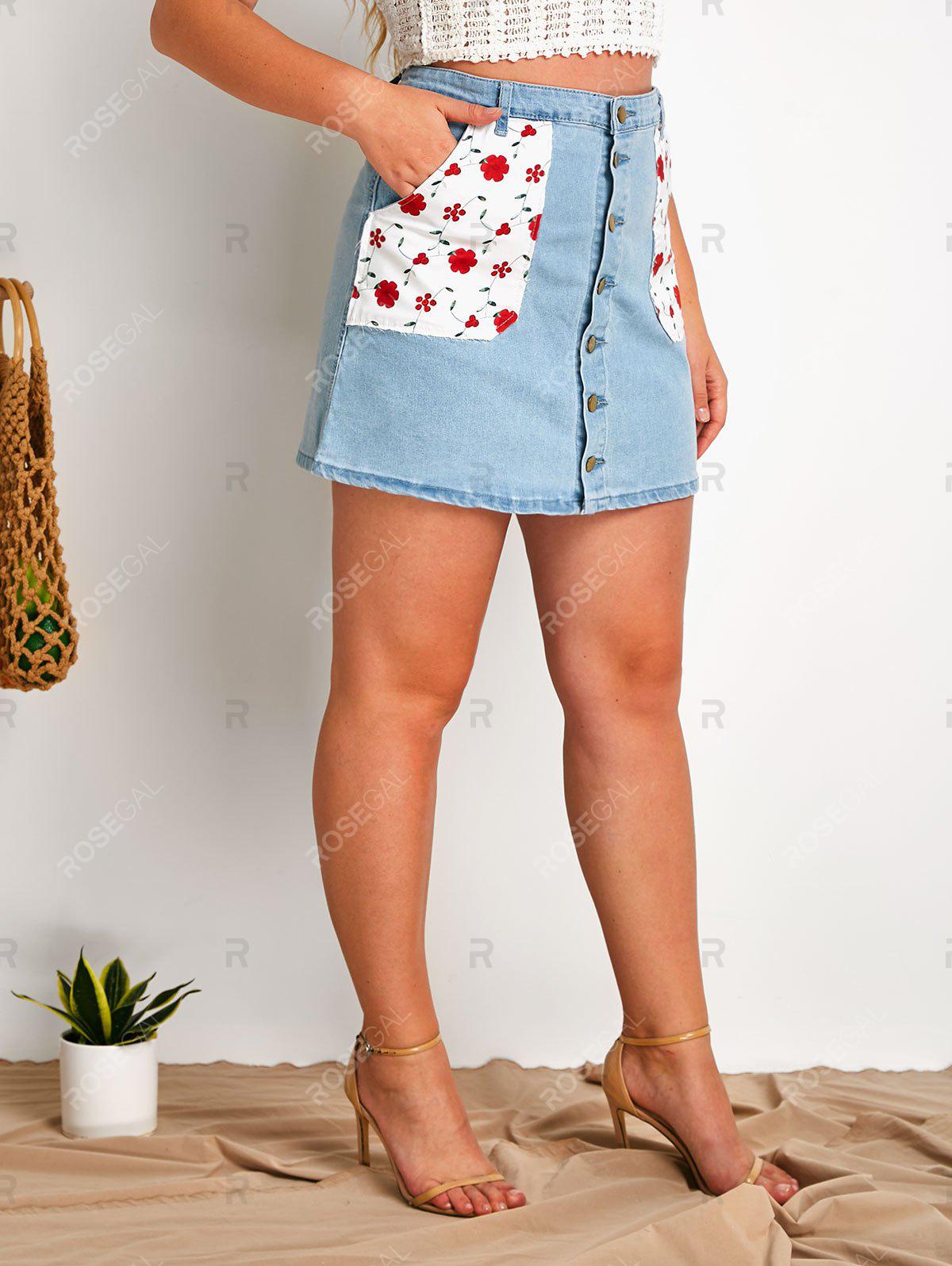 Floral Patched Pockets Plus Size Button Up Denim Skirt