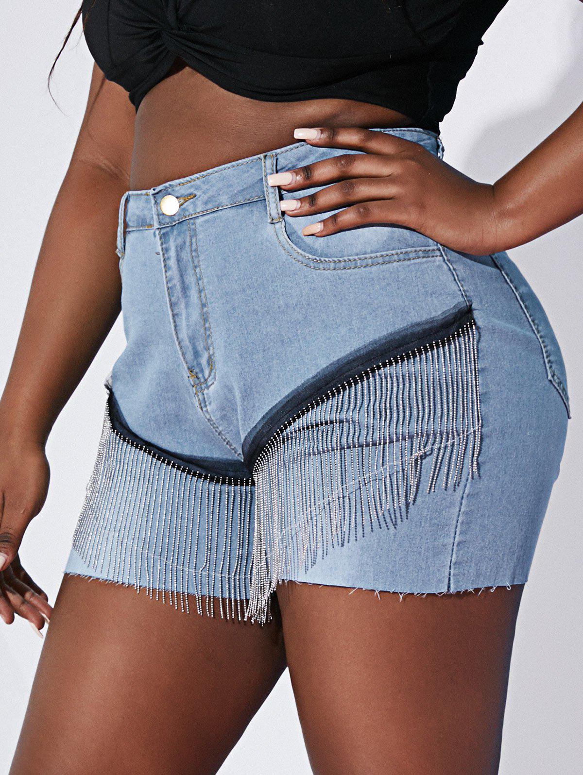 Mesh Panel Raw Hem Metallic Chains Plus Size Denim Shorts