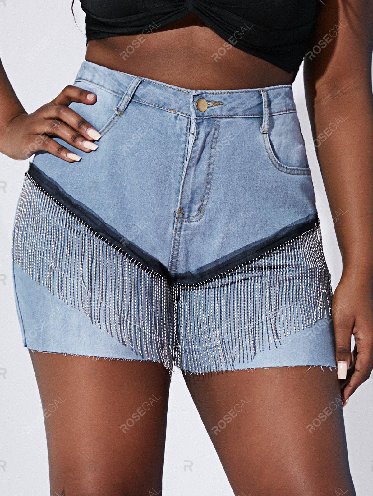 Mesh Panel Raw Hem Metallic Chains Plus Size Denim Shorts