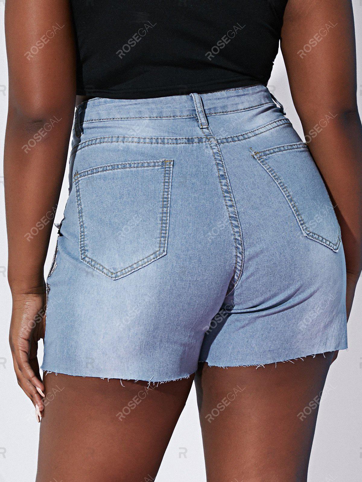 Mesh Panel Raw Hem Metallic Chains Plus Size Denim Shorts