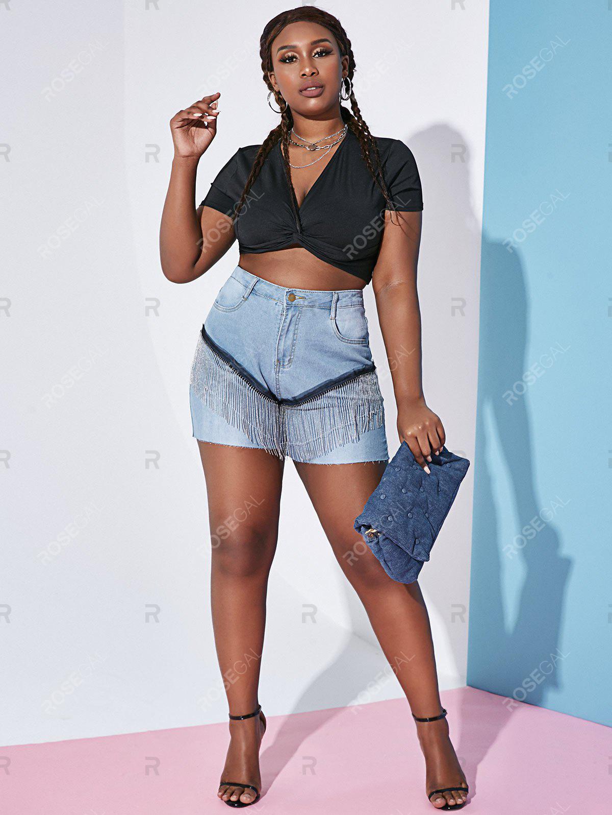 Mesh Panel Raw Hem Metallic Chains Plus Size Denim Shorts