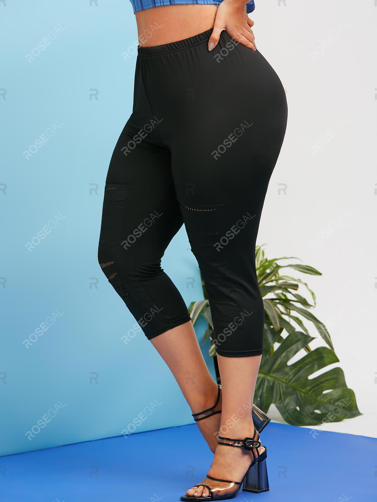 Plus Size Fishnet Panel Ripped Capri Leggings