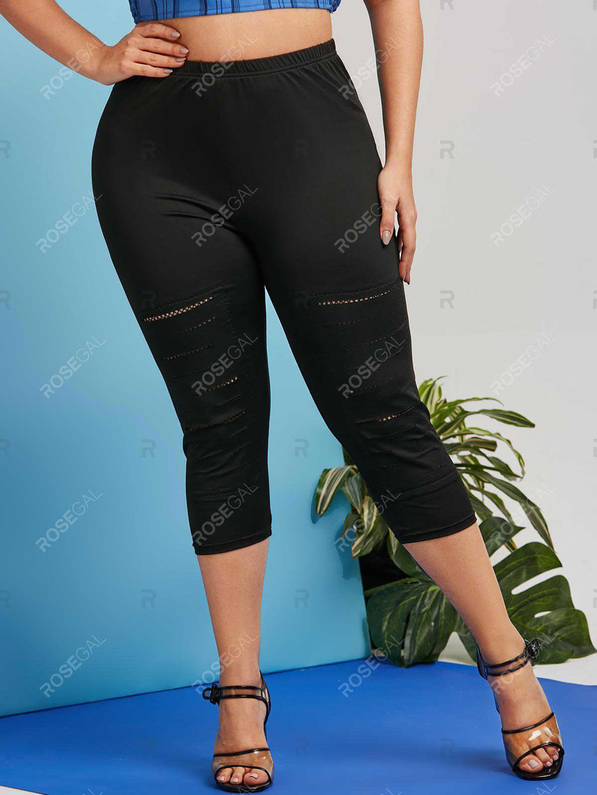 Plus Size Fishnet Panel Ripped Capri Leggings