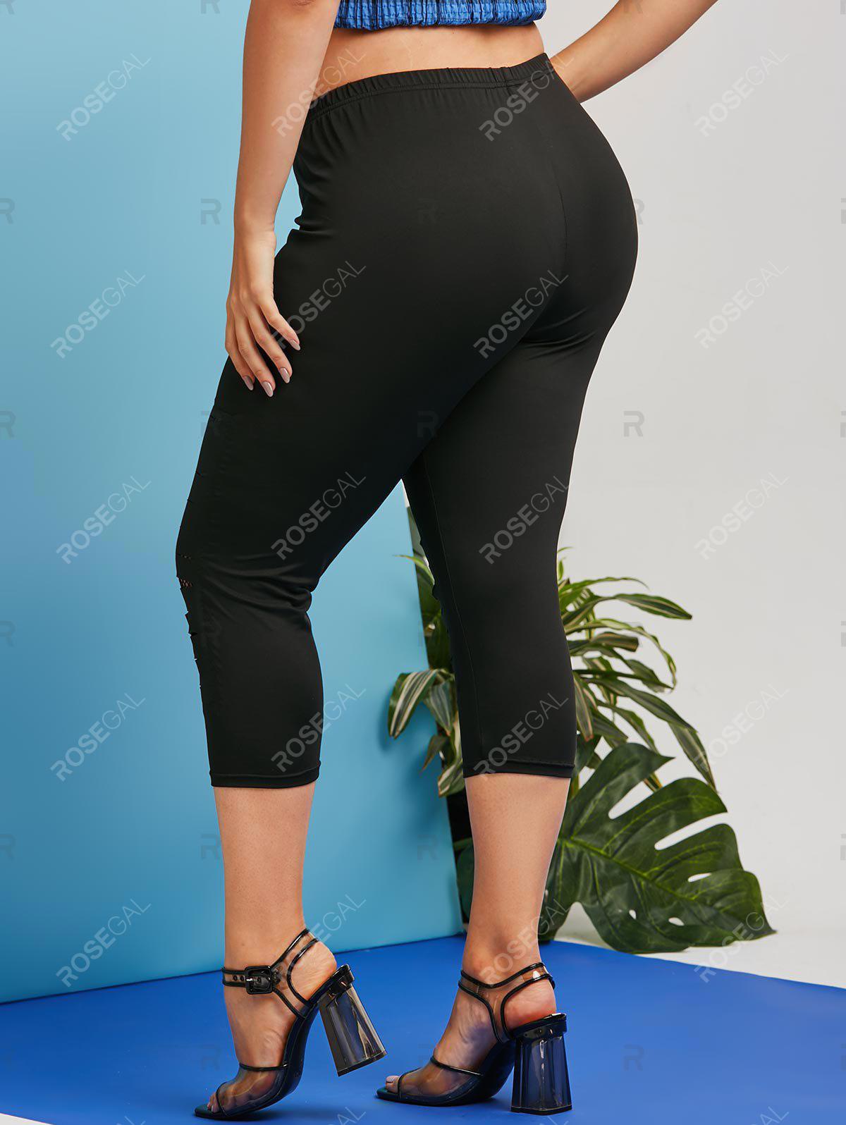 Plus Size Fishnet Panel Ripped Capri Leggings