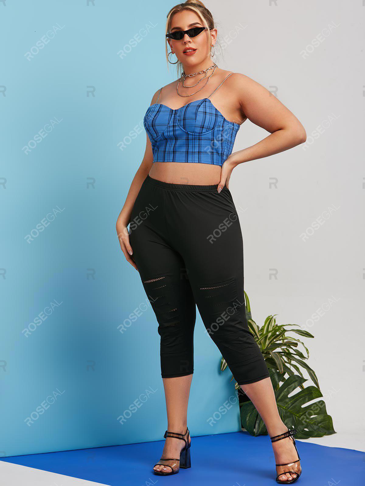 Plus Size Fishnet Panel Ripped Capri Leggings