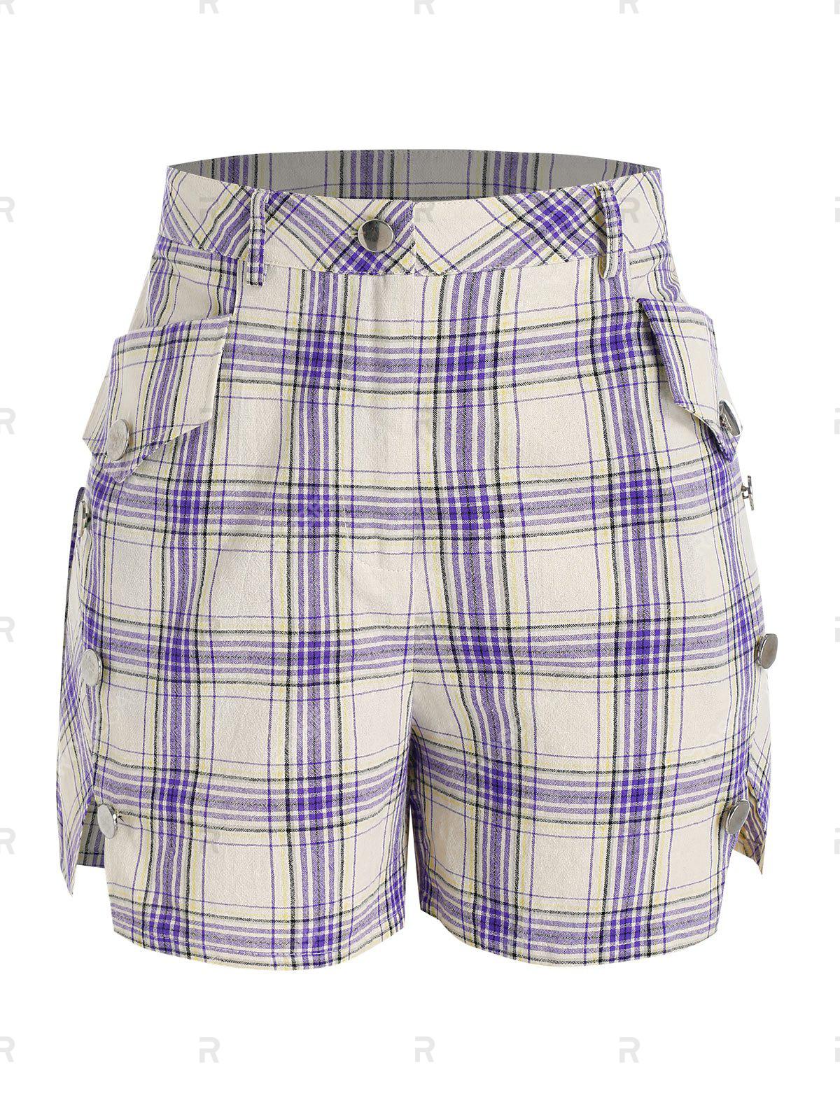 Plus Size Plaid Slit Pocket Mock Button Shorts