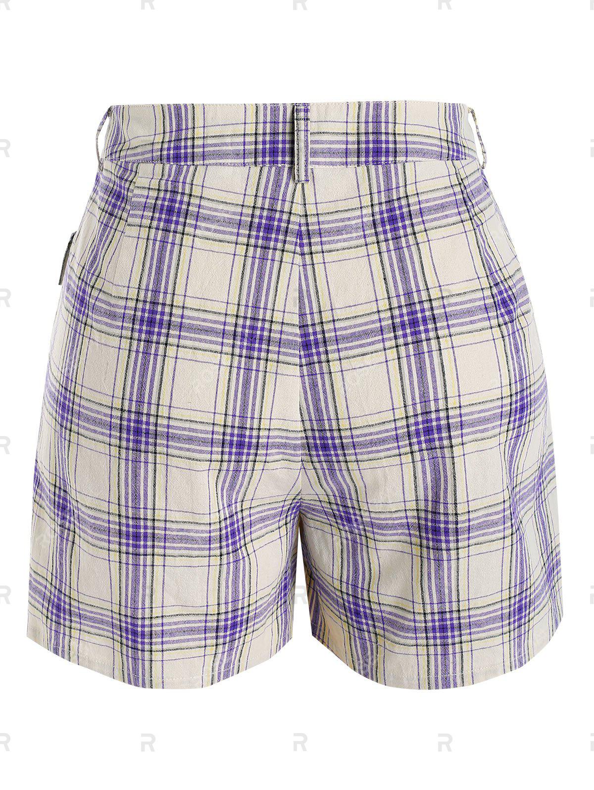 Plus Size Plaid Slit Pocket Mock Button Shorts