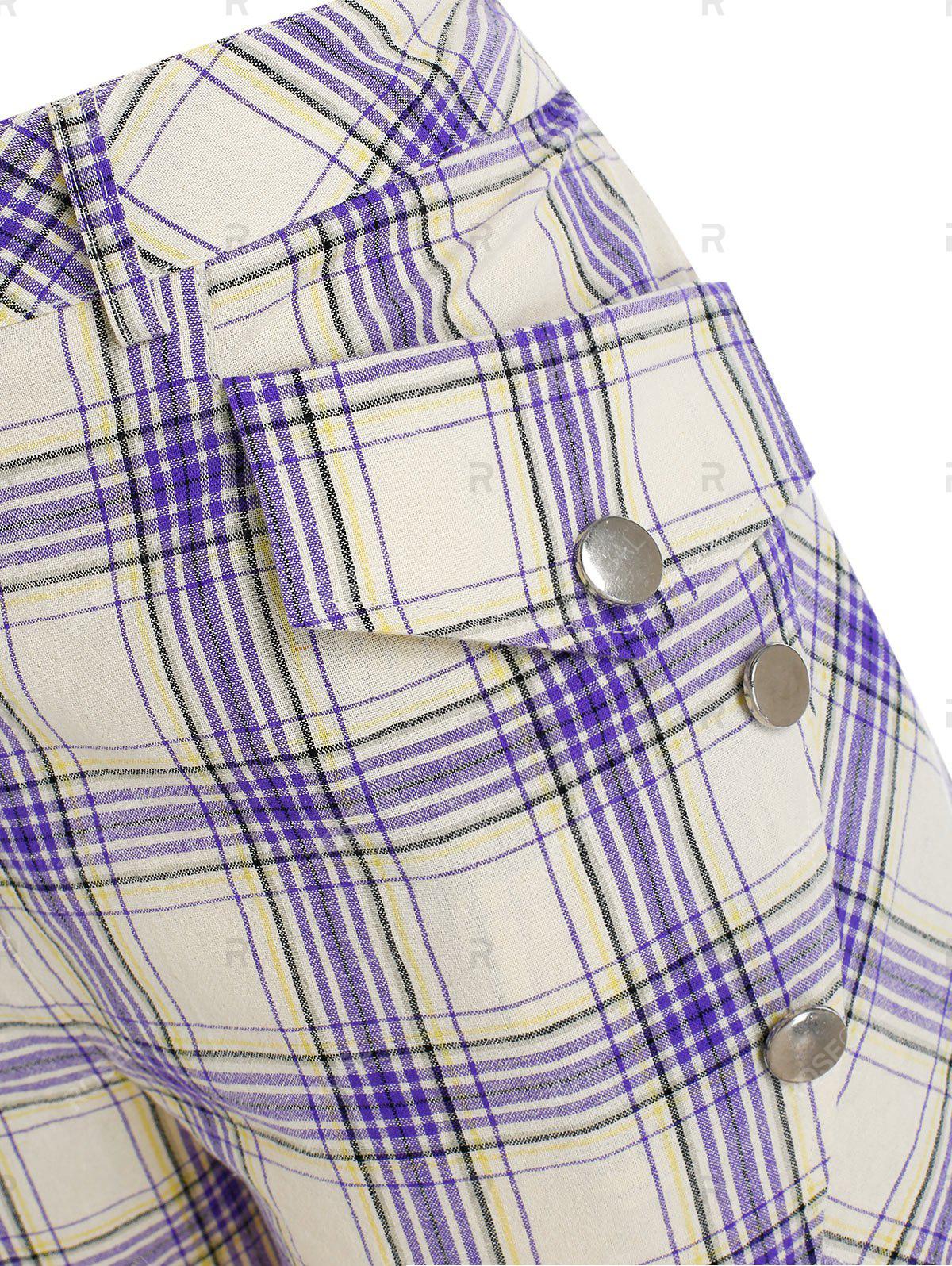 Plus Size Plaid Slit Pocket Mock Button Shorts