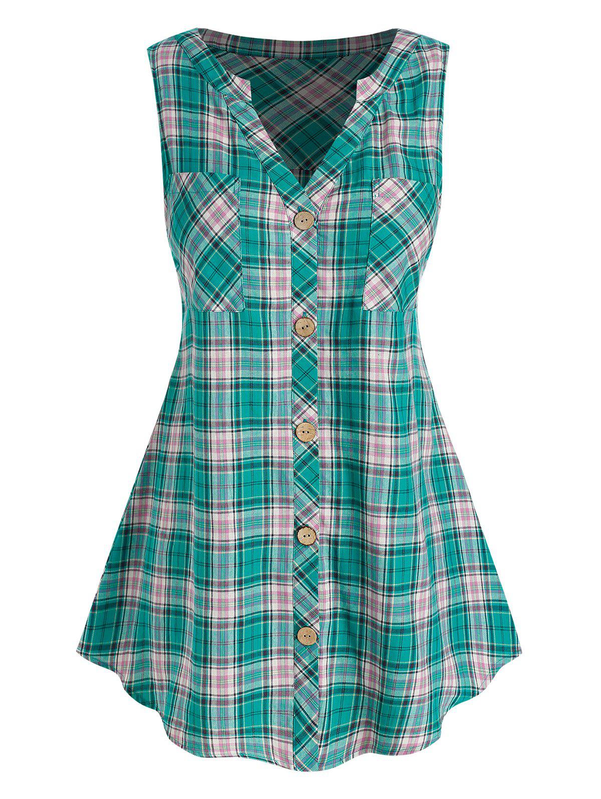 Plus Size Sleeveless Pockets Plaid Blouse