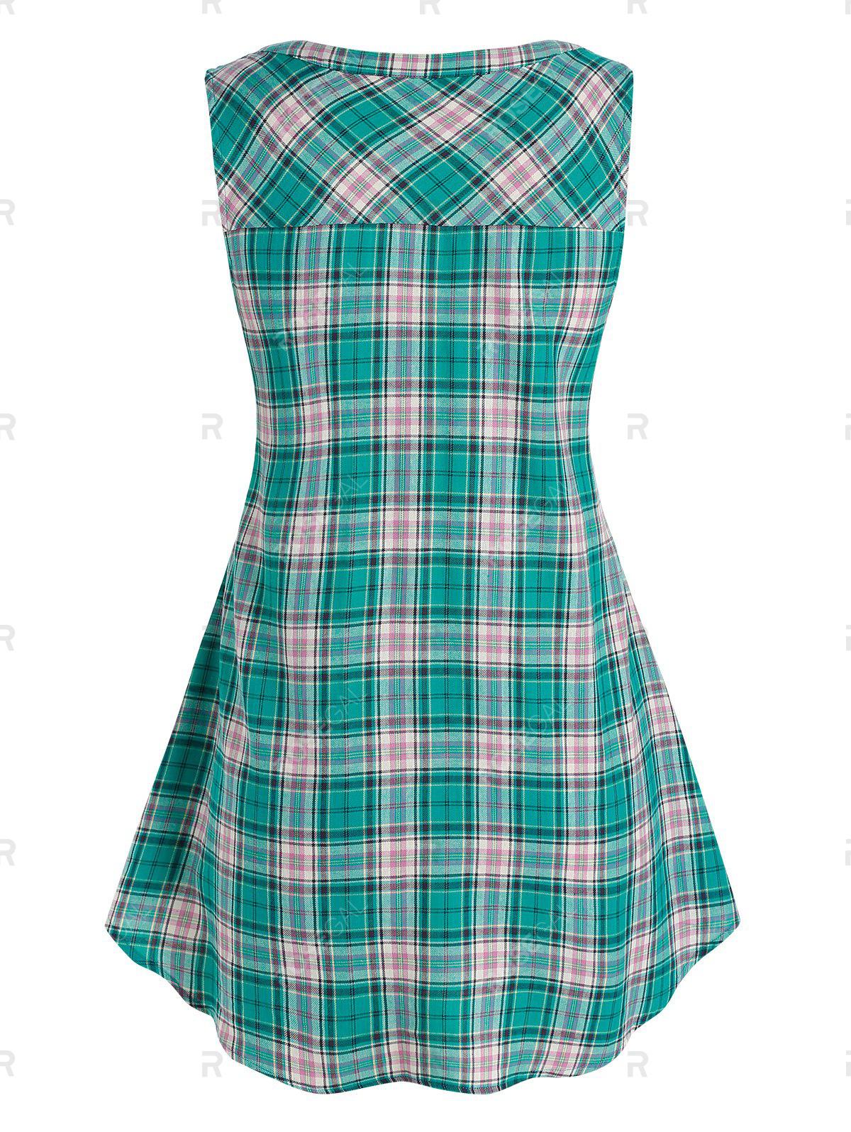 Plus Size Sleeveless Pockets Plaid Blouse