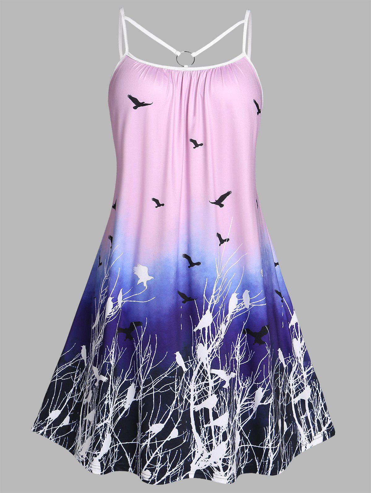 Plus Size Ombre Bird Print O Ring Cutout Dress