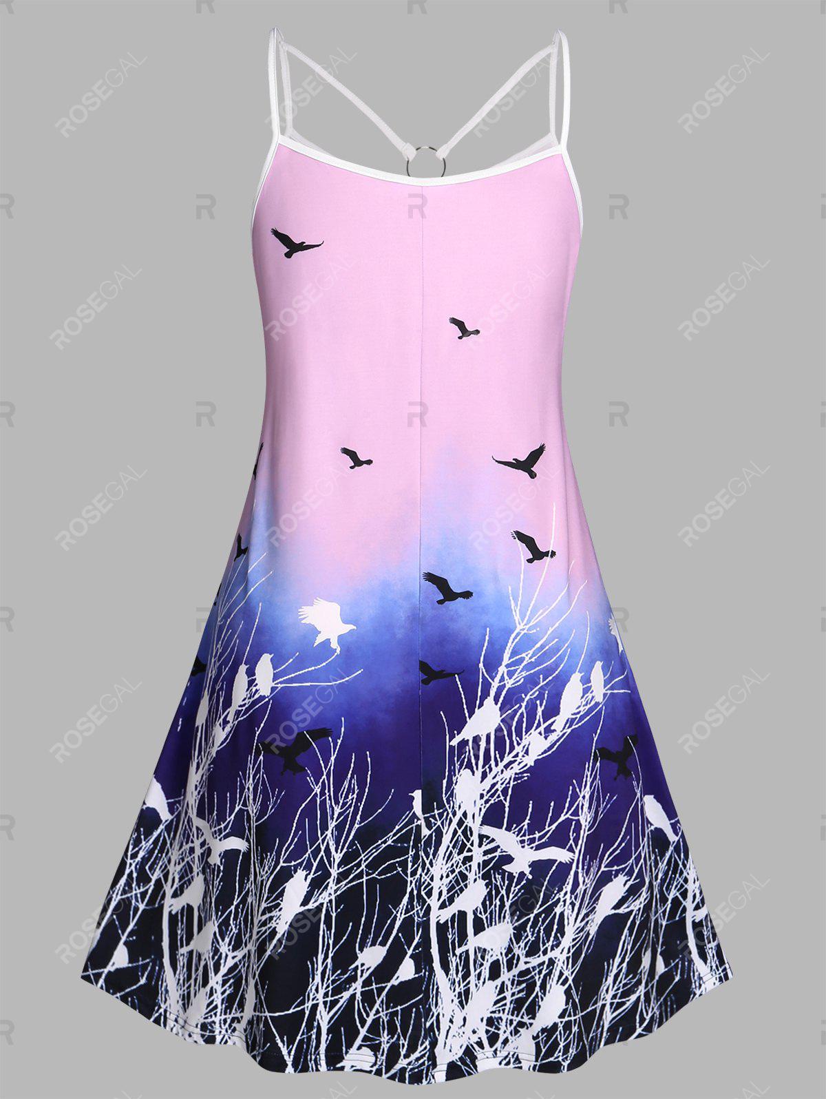 Plus Size Ombre Bird Print O Ring Cutout Dress