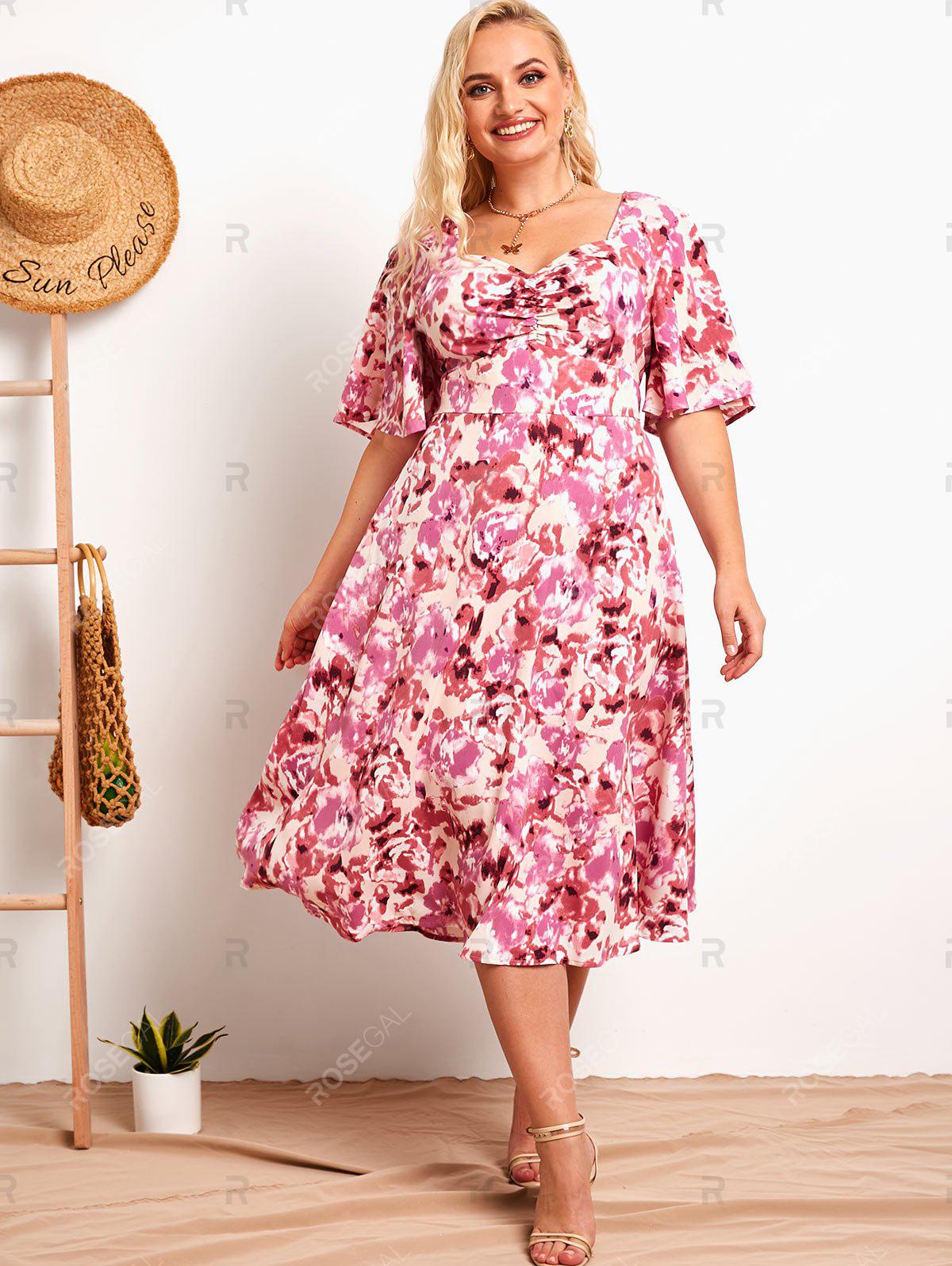 Plus Size Flower Print Ruched Empire Waist Cottagecore Midi Dress